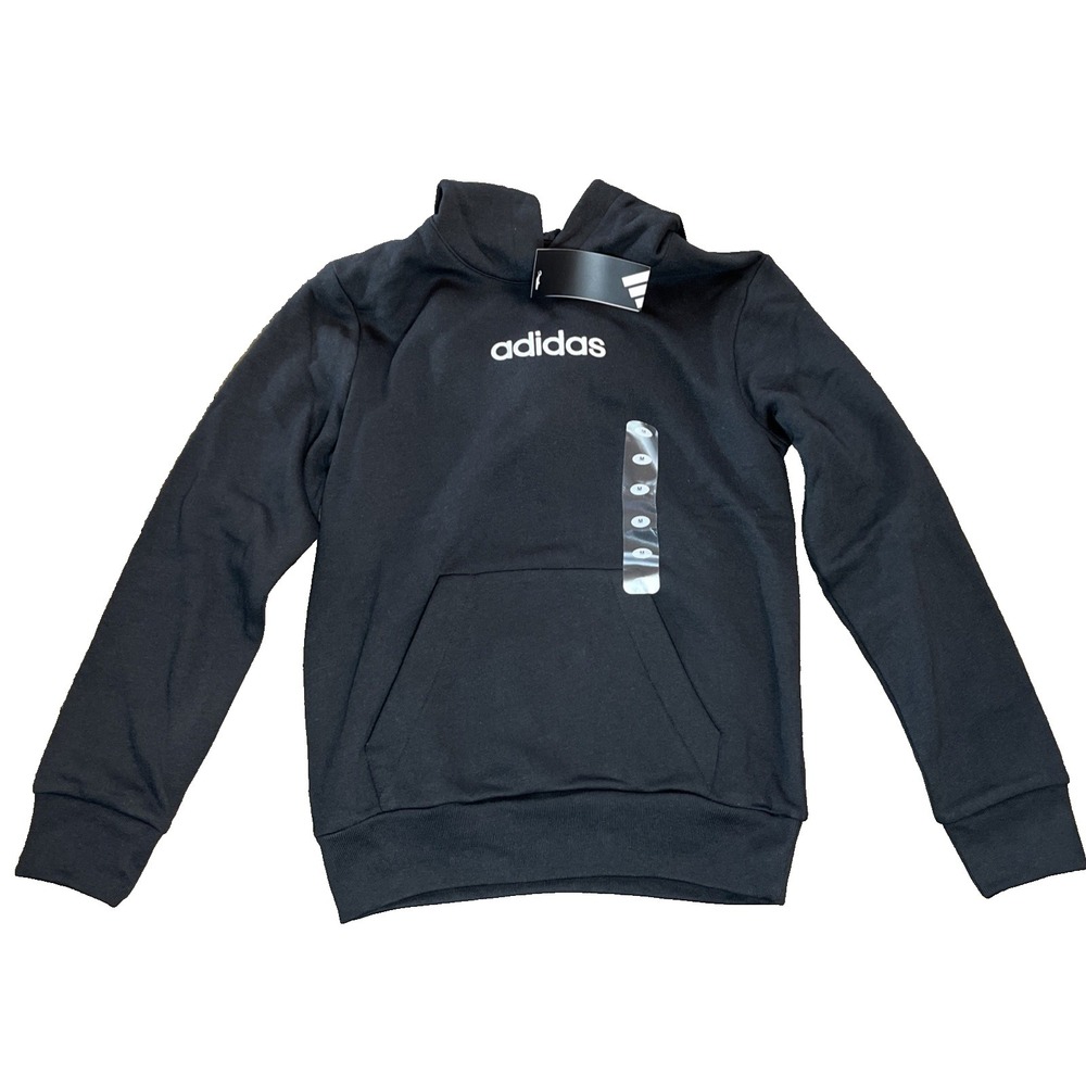 ADIDAS Fleece Hoodie BLACK Embroidered Logo Sweatshirt Youth Kids Med 10/12